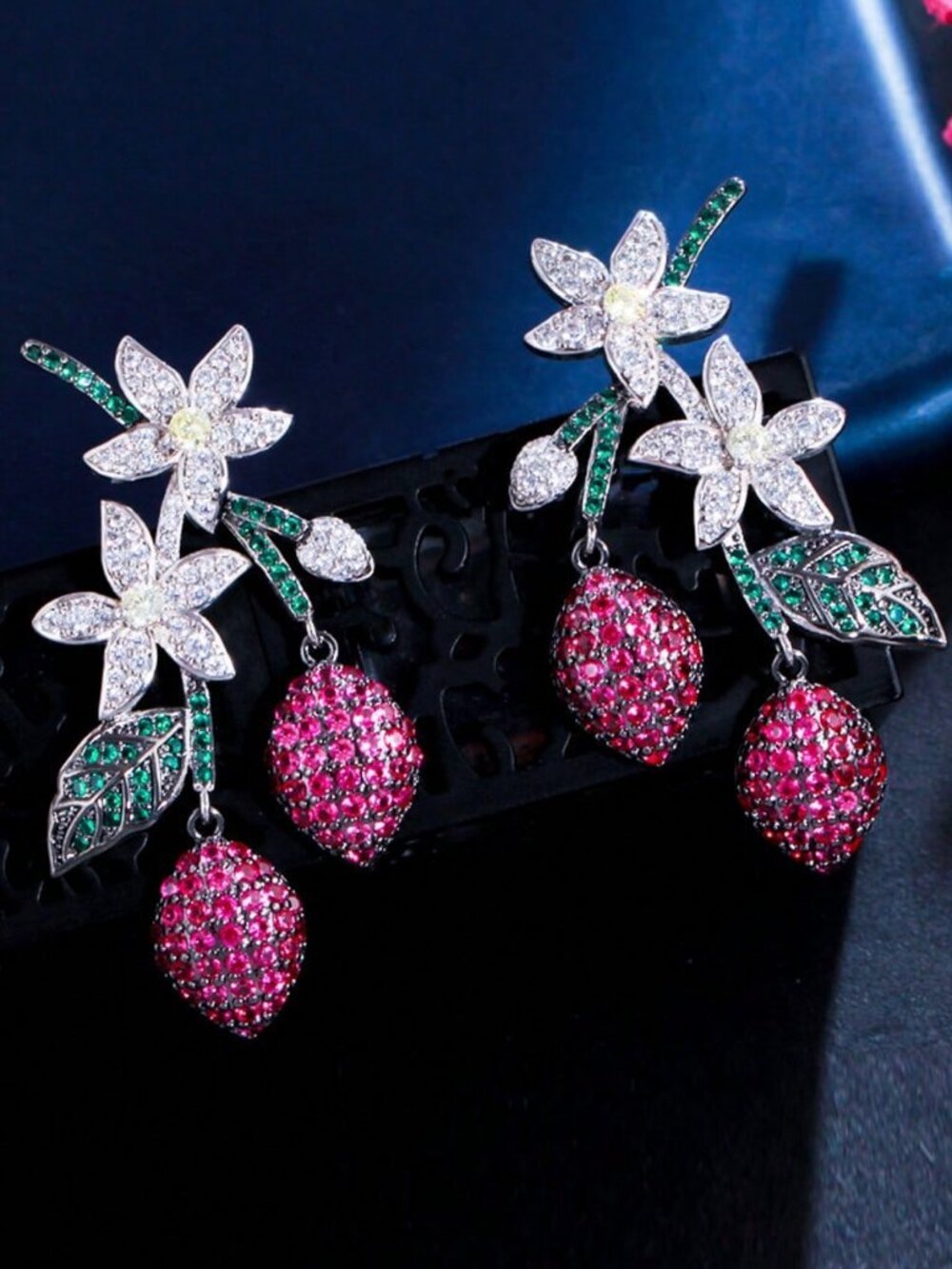 Elegant Women's Sparkling Dangling Drop Flower Leaf Luxury Earrings - Picture 4 of 7